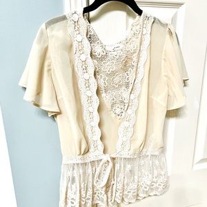 A’reve Blouse by ModCloth, size medium, sheer/lace, cream and white.